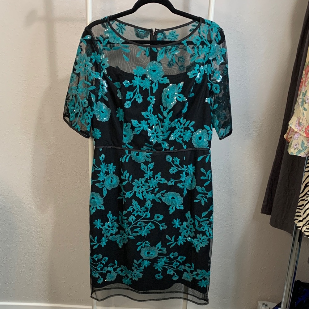 SHANI Cocktail Elegant Black and Teal Floral Lace Embroidered Novelty Midi Dress